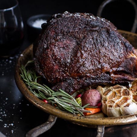Coffee Rubbed Prime Rib Roast with Roasted Garlic Gorgonzola Butter.