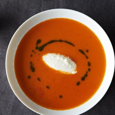 Roasted Tomato, Whipped Burrata and Basil Oil Soup