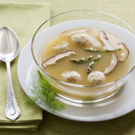 Chicken Soup with Asparagus and Shiitakes, Served with Roasted Fennel Matzoh Balls