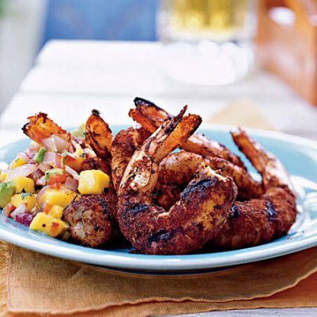 Jerk Shrimp with Grilled Onion, Avocado, and Mango Salsa