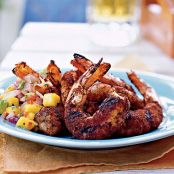 Jerk Shrimp with Grilled Onion, Avocado, and Mango Salsa
