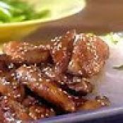 Honey-Teriyaki Chicken Fingers with Sesame Seeds with Sesame Cellophane Noodles and Snap Peas