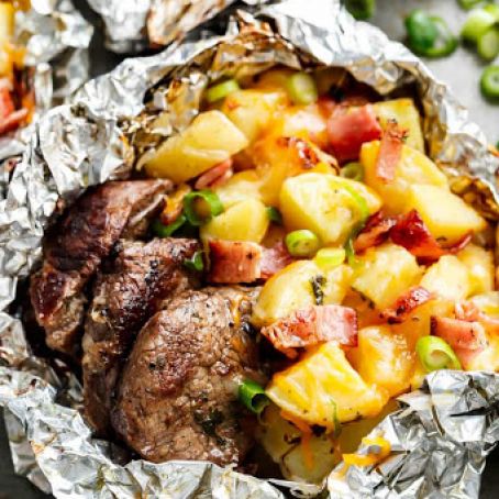 Garlic Steak & Cheesy Bacon Potato Hash Foil Packs