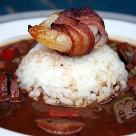 Spicy Andouille Gumbo with Bacon Wrapped Shrimp