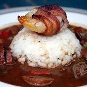 Spicy Andouille Gumbo with Bacon Wrapped Shrimp