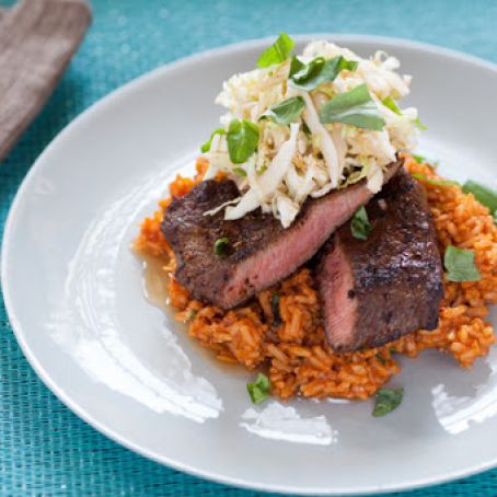 Chili-Rubbed Flat Iron Steaks with Quick Kimchi & Tomato Rice