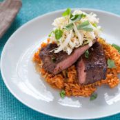 Chili-Rubbed Flat Iron Steaks with Quick Kimchi & Tomato Rice