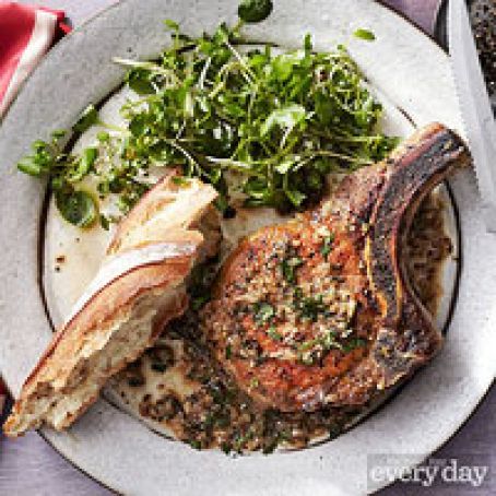 Bone-In Pork Chops with Shallot-Mustard Sauce and Watercress
