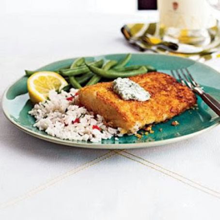 Corn Flake Crusted Halibut with Chile-Cilantro Aioli