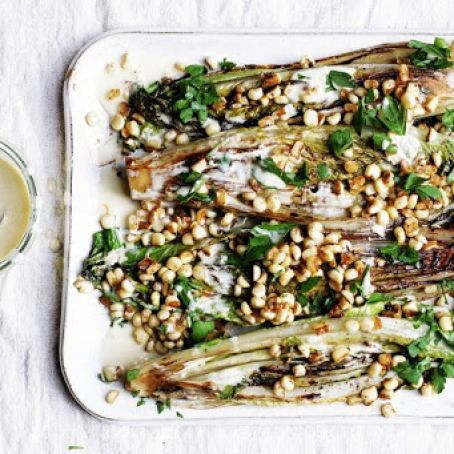 Grilled Romaine with Corn and Creamy Anchovy Vinaigrette
