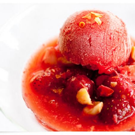 Spring Strawberry Sorbet and Compote made with Local Strawberries, Moonshine, Macadamia Nuts, and Lemon Sea Salt