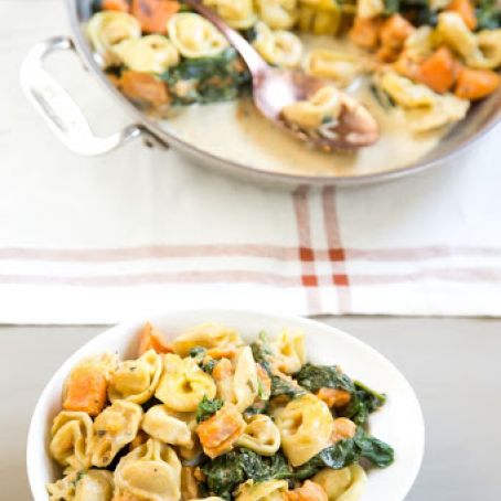 Creamy Skillet Tortellini with Sweet Potato and Spinach