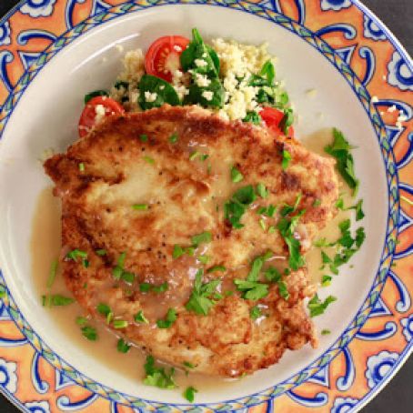 Chicken Francese with Couscous with Baby Spinach, Grape Tomatoes and Lemon Zest (Rachael Ray)