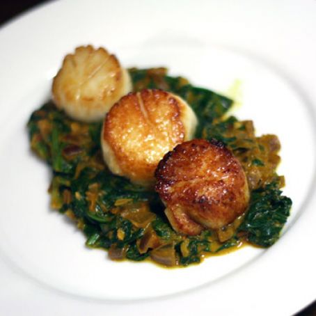 Seared Scallops With Indian Spinach