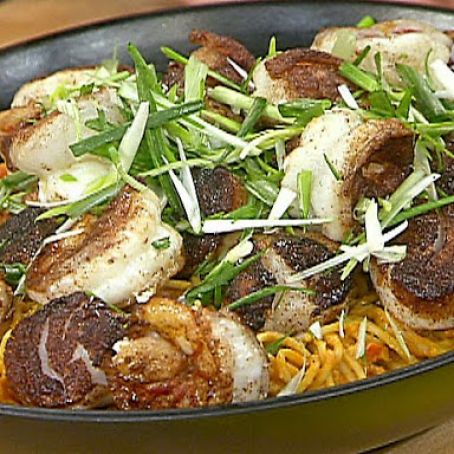 Pumpkin-Peanut Curry Noodles with Five-Spice Seared Scallops and Shrimp
