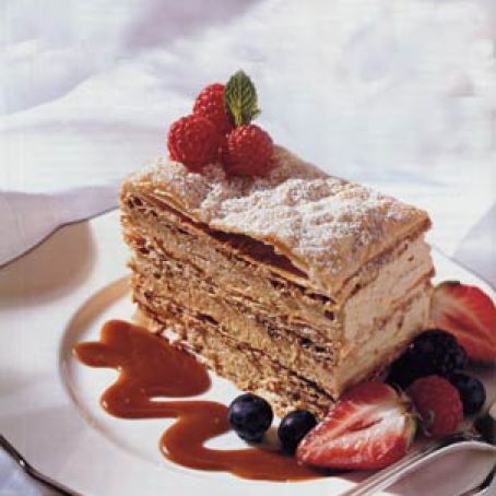 CARAMEL MOUSSE NAPOLEON WITH CARAMEL SAUCE AND BERRIES