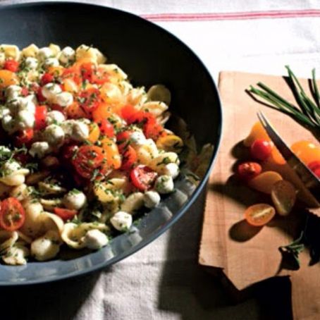 Orecchiette with Fresh Mozzarella, Grape Tomatoes, and Garlic Chives