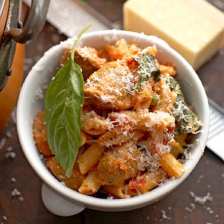 Penne with Spicy Italian Sausage, Cream, Tomatoes, and Peas