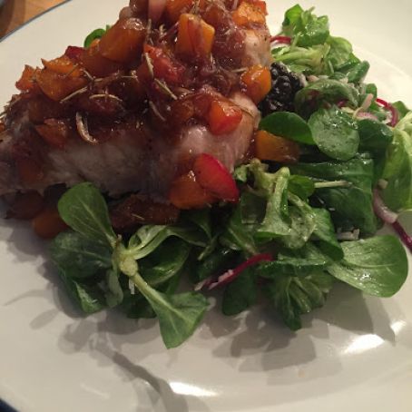 Apricot-Mustard Glazed Pork Chops with Blackberry, Pine Nut and Pecorino Salad