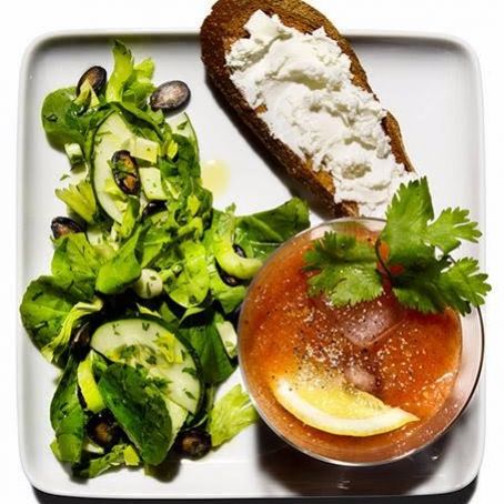 Spiced Tomato Cooler With Herb Salad and Goat-Cheese Toasts
