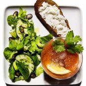 Spiced Tomato Cooler With Herb Salad and Goat-Cheese Toasts