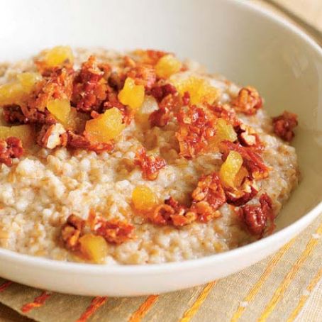 Creamy Coconut Oatmeal with Dried Peaches & Candied Coconut Pecans (Overnight)
