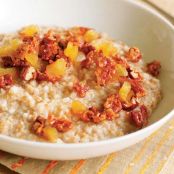 Creamy Coconut Oatmeal with Dried Peaches & Candied Coconut Pecans (Overnight)