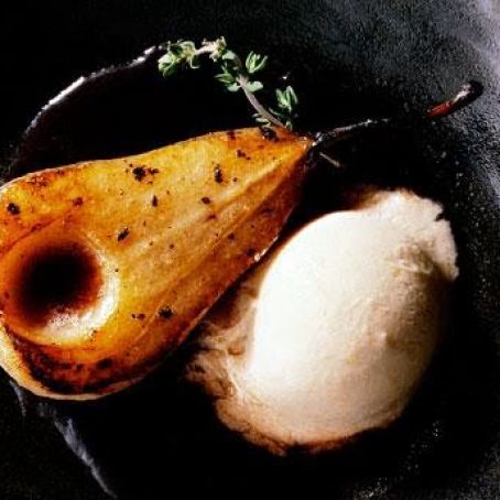 Bosc Pears in Rose Wine with Persimmon Ice Cream
