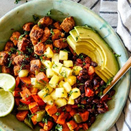 Cajun Chicken Black Bean Bowls with Avocado, Sweet Potatoes & Pineapple