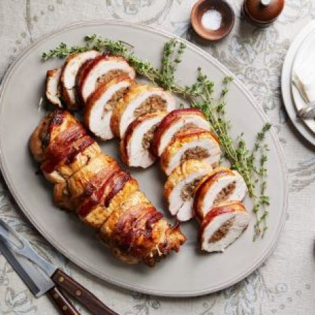 Bacon-Wrapped Turkey Breast Stuffed with Pear Hash