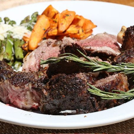 Herb Crusted Prime Rib with Grilled Asparagus and Sweet Potatoes