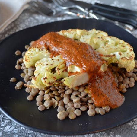 Cauliflower Steaks with Lentils and Charred Red Pepper Steak Sauce