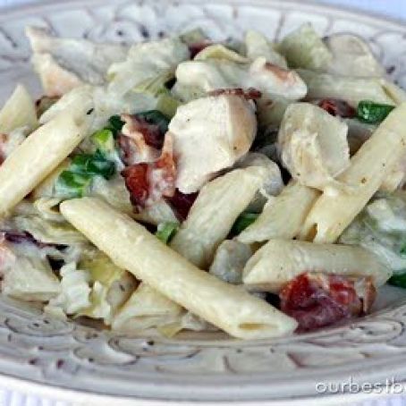 Baked Chicken-Bacon Alfredo (ourbestbites)