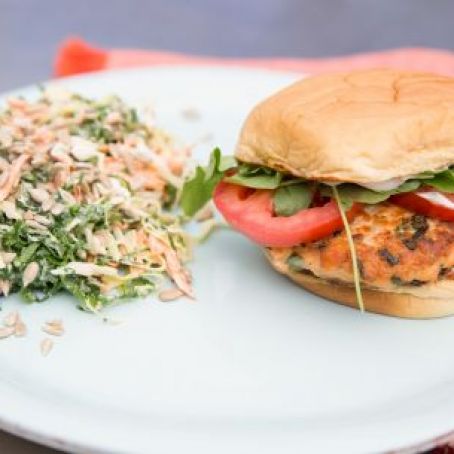 Salmon Burgers with Lemon-Caper Aioli and Kale Slaw (Katie Lee)