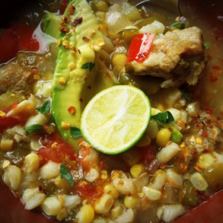 Slow-Cooked Pork Tomatillo Soup With Corn & Hominy