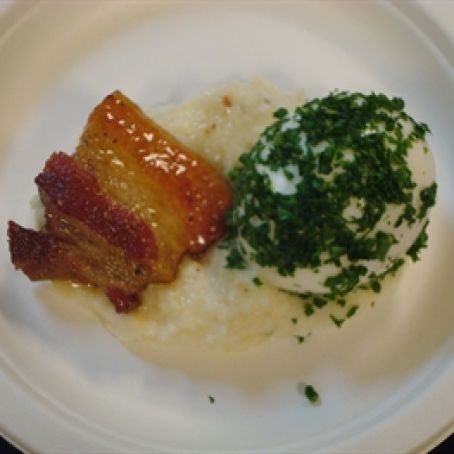 Maple Pork Belly, Buttermilk Grits, Soft Boiled Hen Eggs