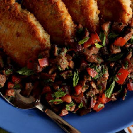 Pan-Fried Pork Cutlets with Minty Eggplant Relish | TastingTable Recipes