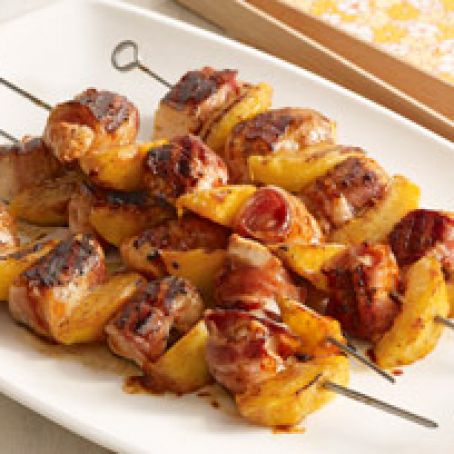 Barbecue Chicken and Peach Kabobs with Bacon