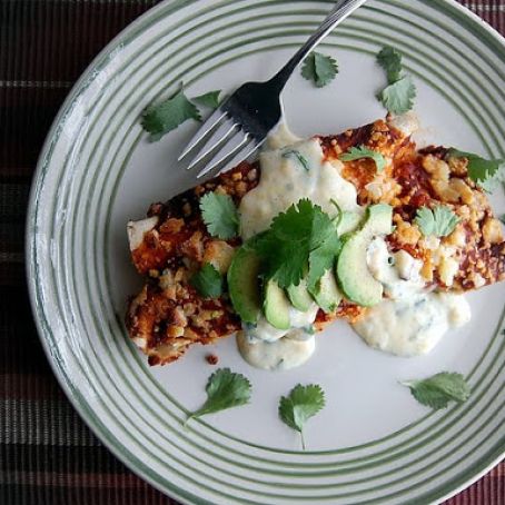 Smoky Sweet Potato Black Bean Enchiladas with Sweet Corn Crema