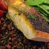Salmon on chorizo lentils