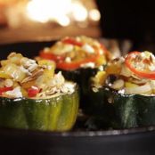 Roasted Acorn Squash with Mushrooms, Peppers and Goat Cheese