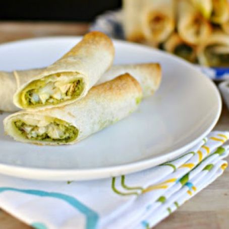 Cheesy Chicken and Cilantro Pesto Baked Flautas