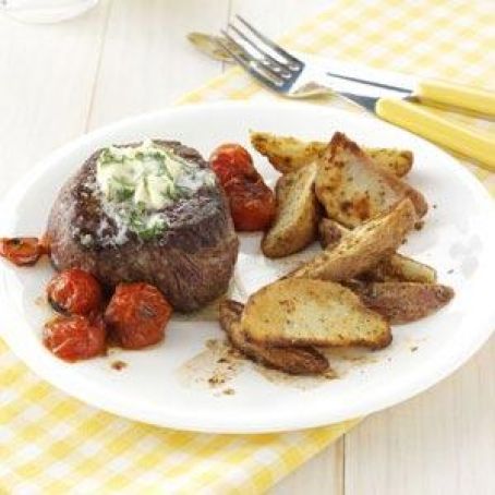 Basil-Butter Steaks with Roasted Potatoes Recipe