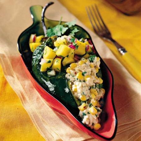 Crab and Goat Cheese Poblanos with Mango Salsa