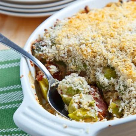 Brussels Sprouts with Smoked Bacon in a Mustard Cream Topped with a Parmesan Crust