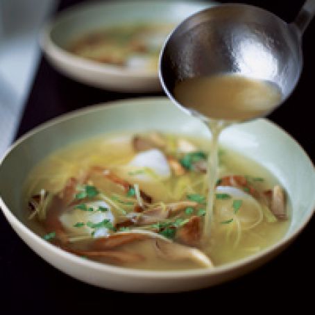 Scallop and Oyster Mushroom Soup with Ginger and Leeks