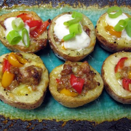Cheesy Sausage Potato Cups with Yogurt Mustard Sauce