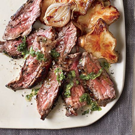 Grilled Skirt Steak with Mint Chimichurri and Honey-Roasted Sunchokes