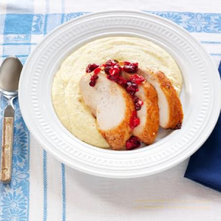 Sliced Chipotle Turkey Breast With Pomegranate Cranberry Relish and Polenta