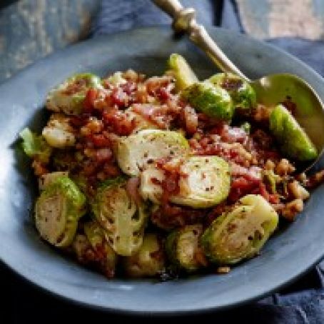 Roasted Brussels Sprouts with a Bacon, Mustard and Walnut Vinaigrette